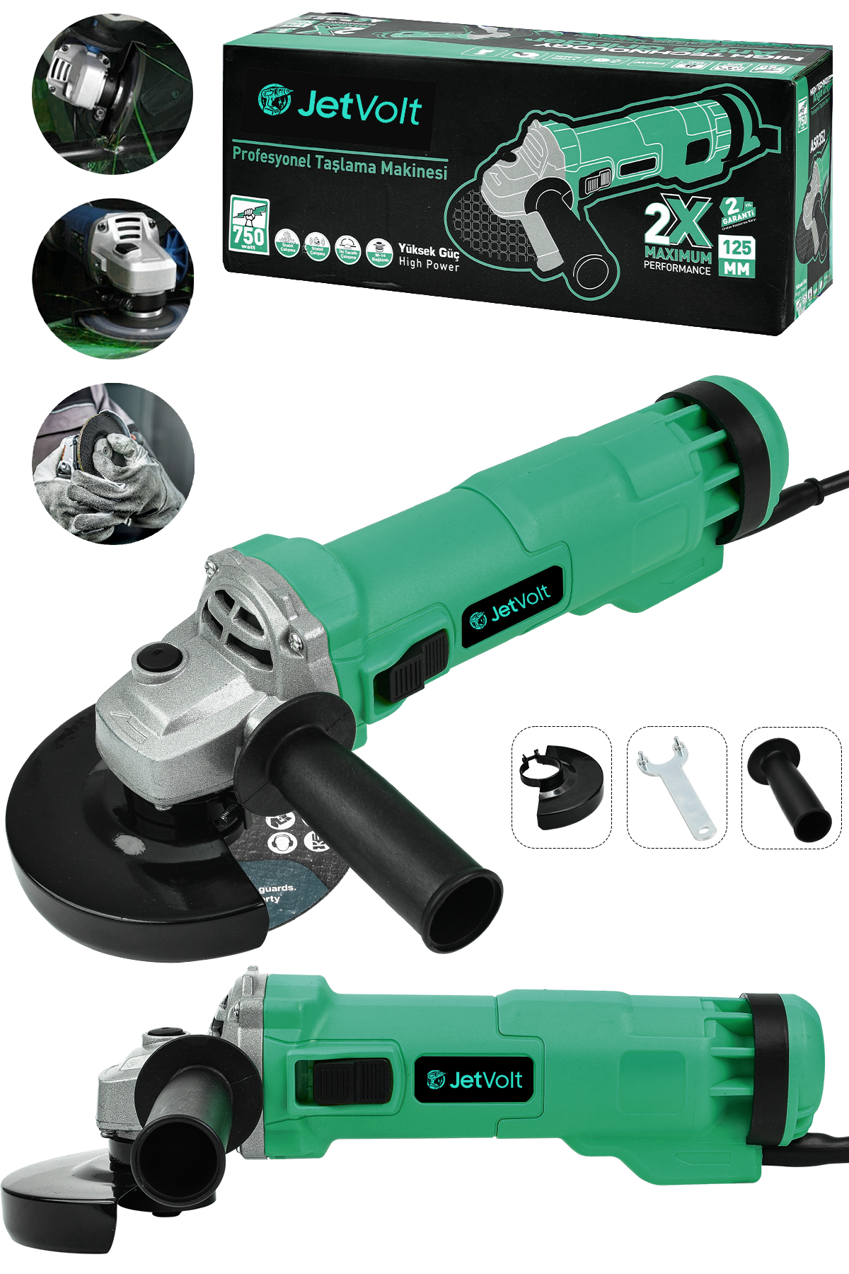JetVolt Profesyonel 750W Avuç Taşlama Makinesi 125mm Bakır Sargılı Spiral - Yeşil