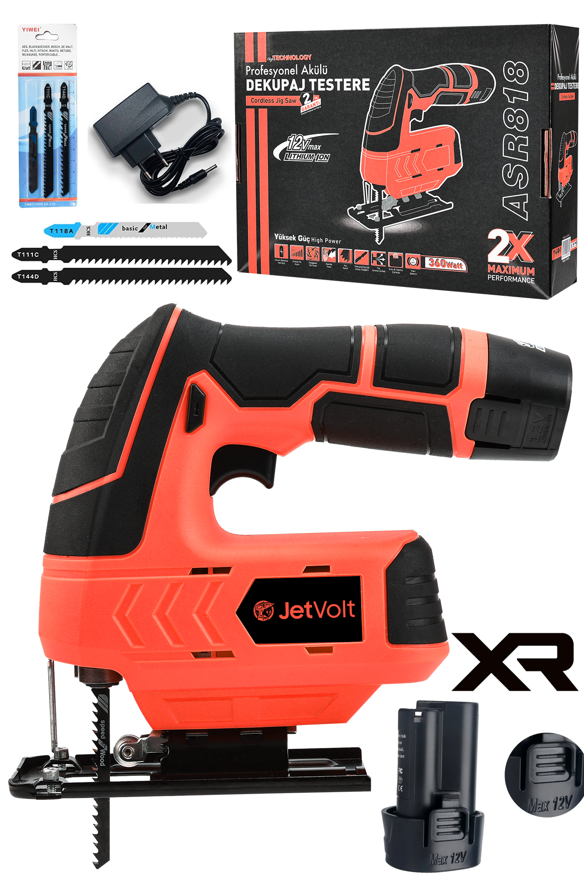 JetVolt Profesyonel Çift Akülü 12 Volt Li-ion Şarjlı Dekupaj Testere - Kırmızı