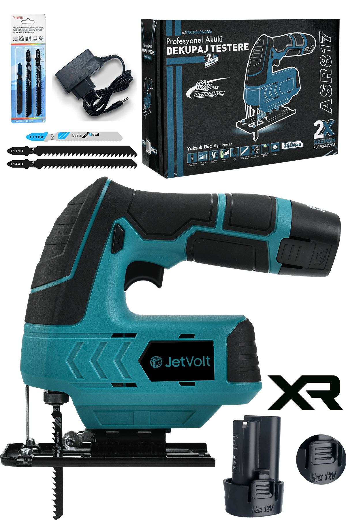JetVolt Profesyonel Çift Akülü 12 Volt Li-ion Şarjlı Dekupaj Testere - Mavi