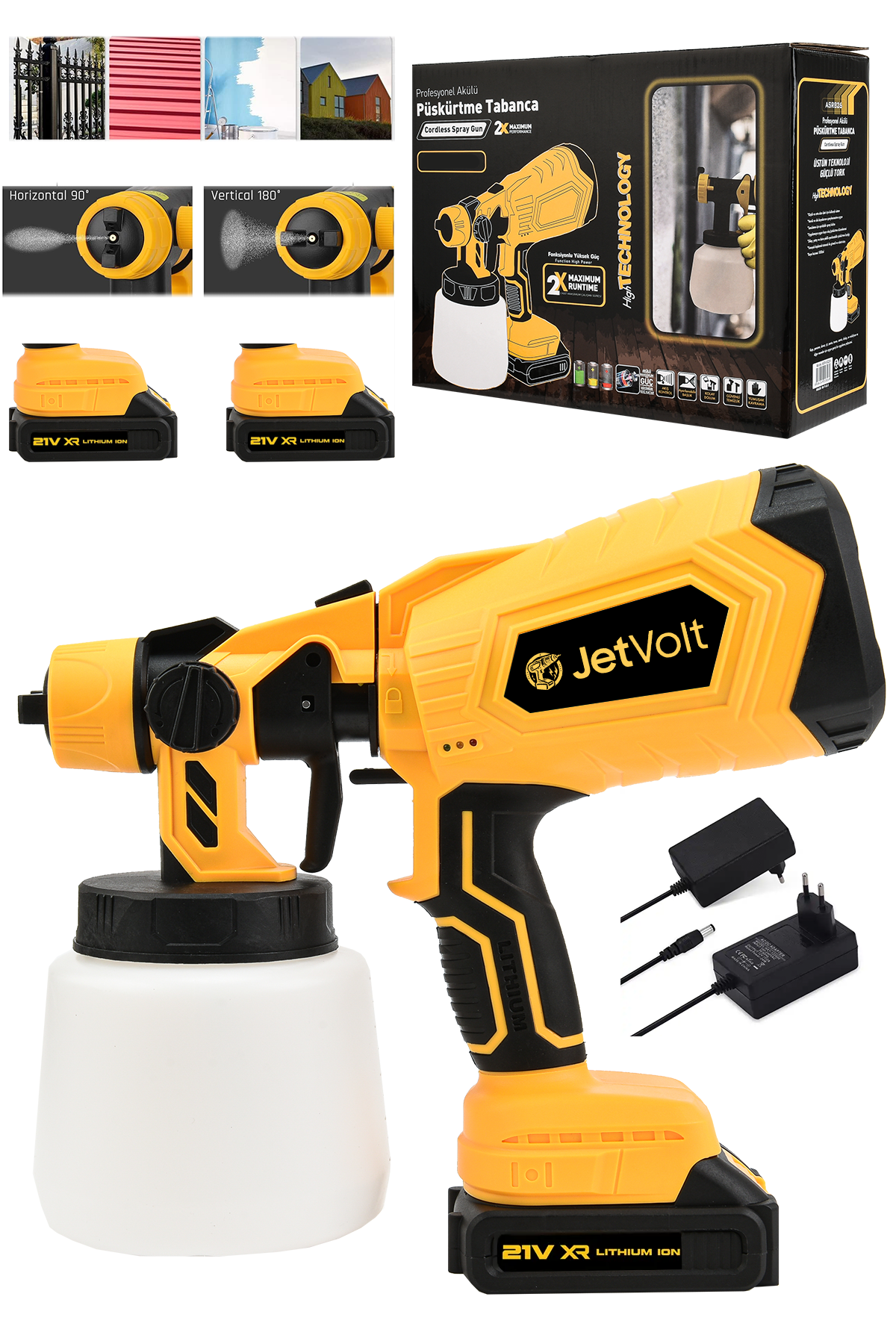 JetVolt Yüksek Basınçlı Çift Akülü Sprey Boya Püskürtme Tabancası - Sarı