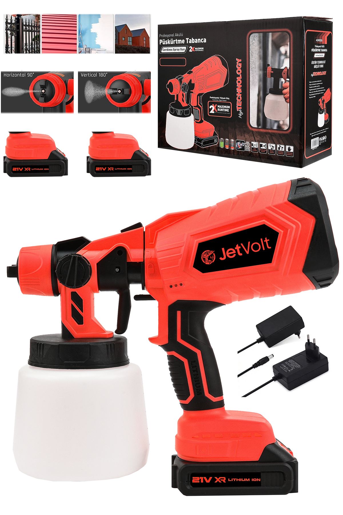JetVolt Yüksek Basınçlı Çift Akülü Sprey Boya Püskürtme Tabancası - Kırmızı