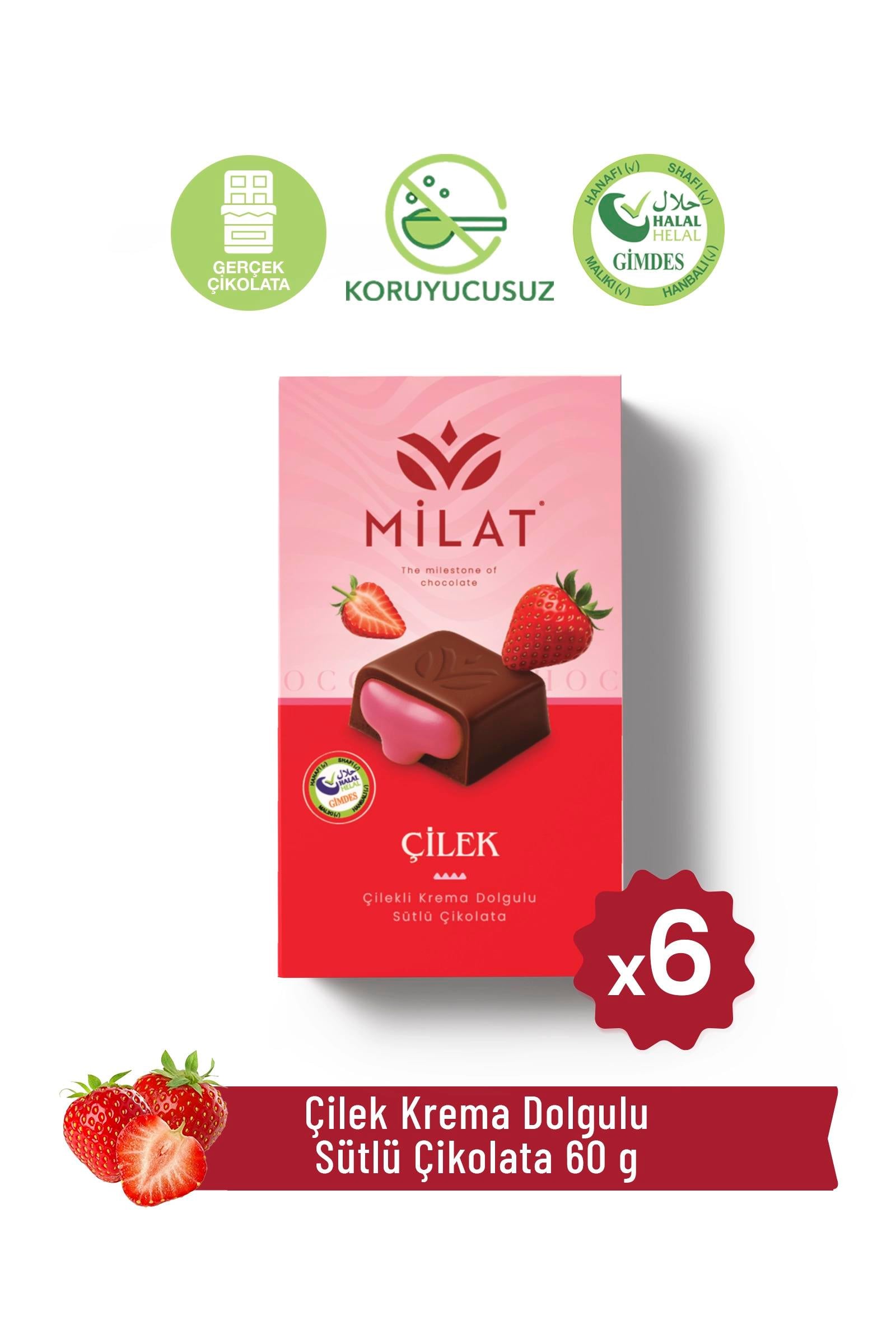Çilek Krema Dolgulu Sütlü Çikolata 60 g x 6 AdetTablet ÇikolataMilat