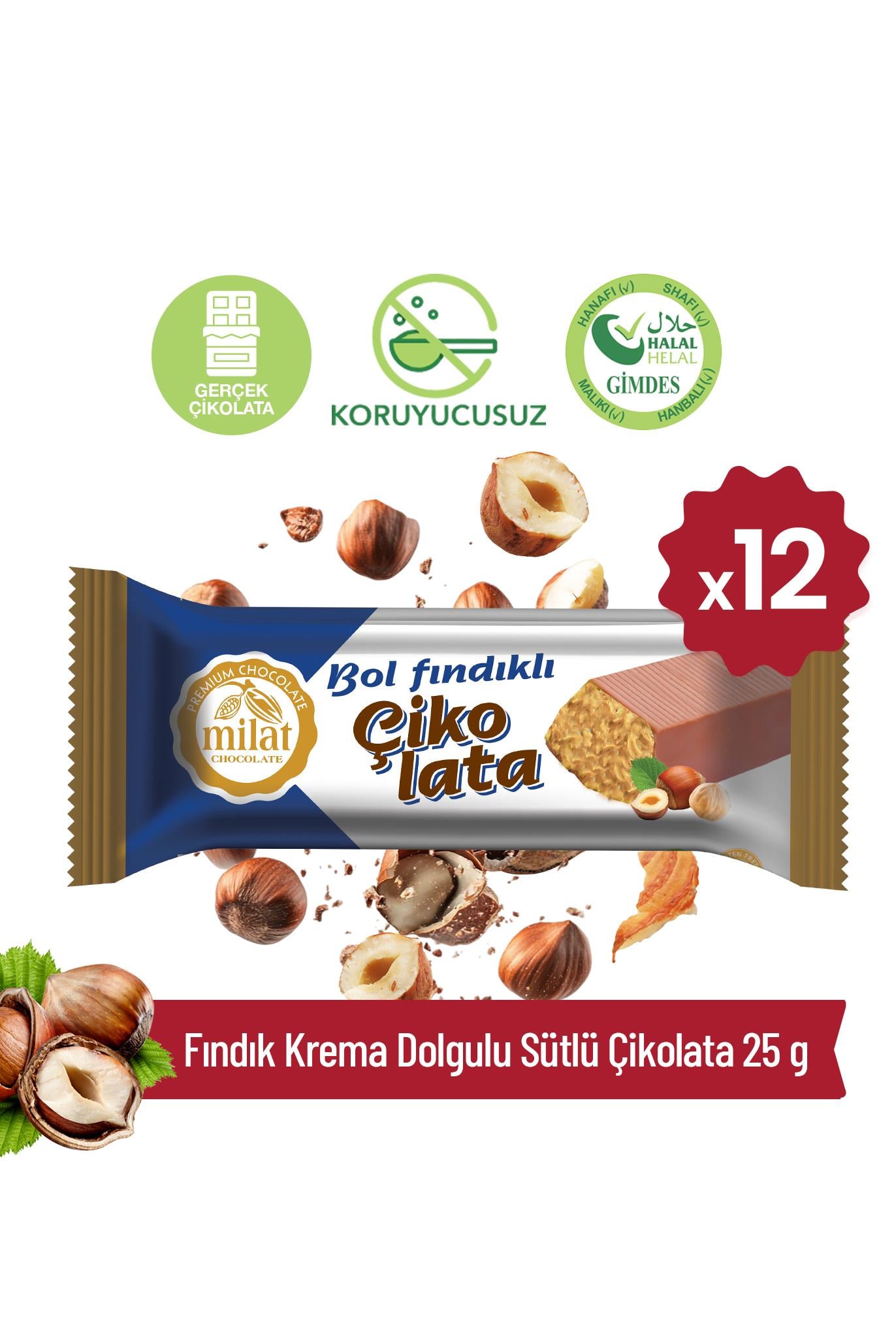 Fındık Krema Dolgulu Sütlü Çikolata 25 g x 12 AdetTablet ÇikolataMilat