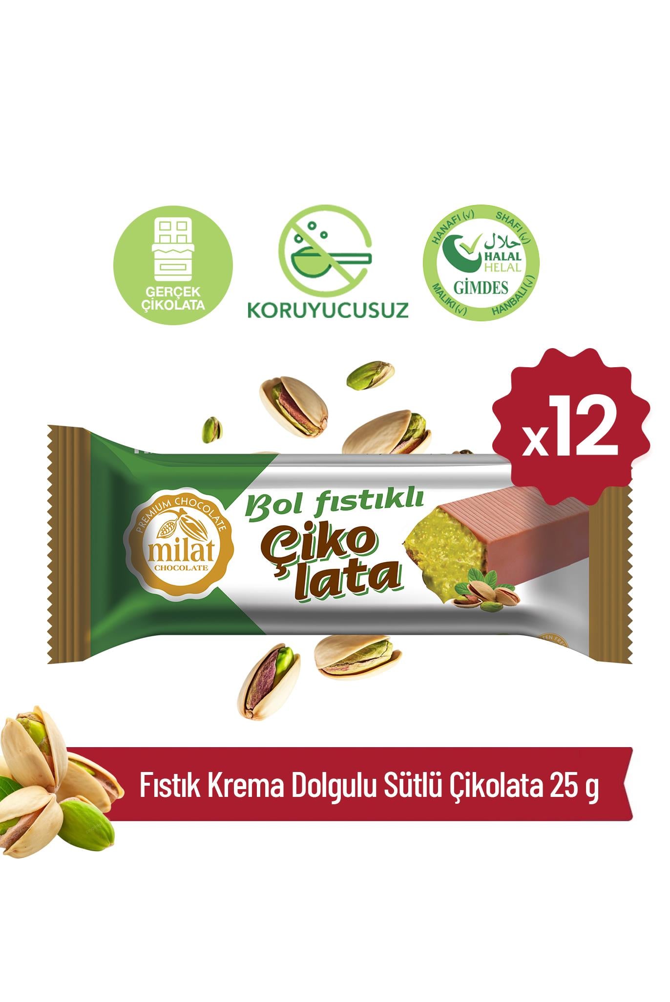 Fıstık Krema Dolgulu Sütlü Çikolata 25 g x 12 AdetTablet ÇikolataMilat