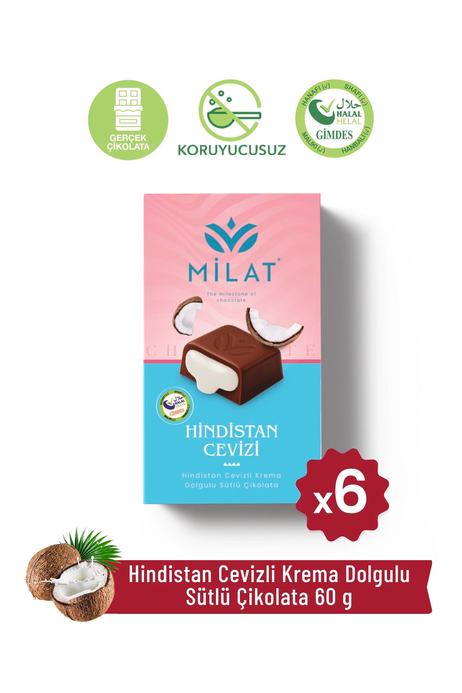 Hindistan Cevizi Dolgulu Sütlü Çikolata 60 g x 6 AdetTablet ÇikolataMilat
