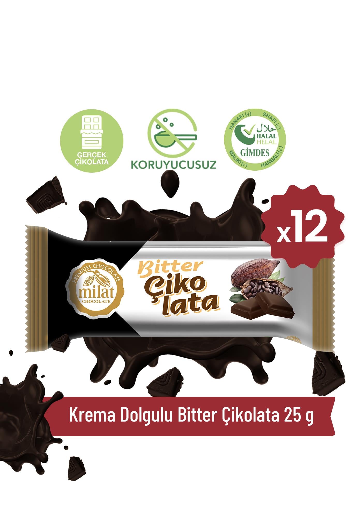 Krema Dolgulu Bitter Çikolata 25 g x 12 AdetTablet ÇikolataMilat