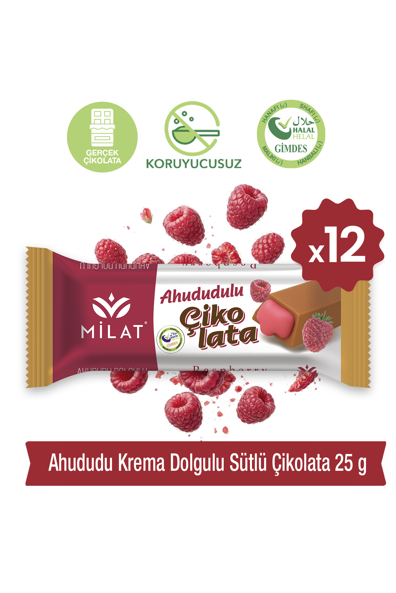 Milat Fındık Krema Dolgulu Ahududu Çikolata 12 × 25 gTablet ÇikolataMilat