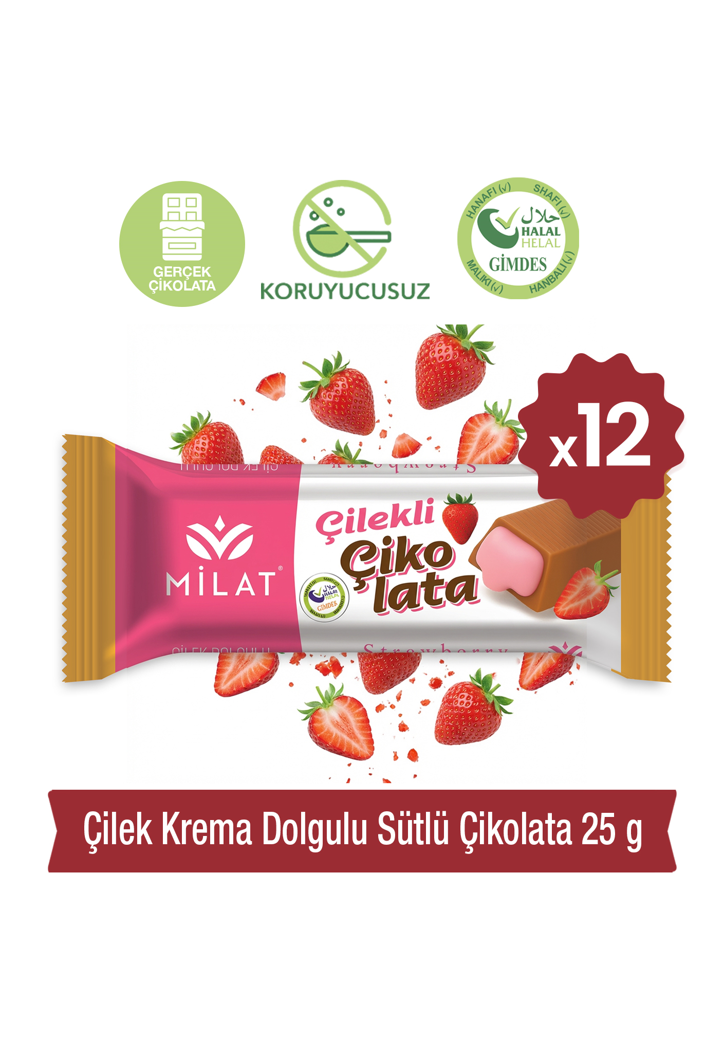 Milat Fındık Krema Dolgulu Çilek Çikolata 12 × 25 gTablet ÇikolataMilat