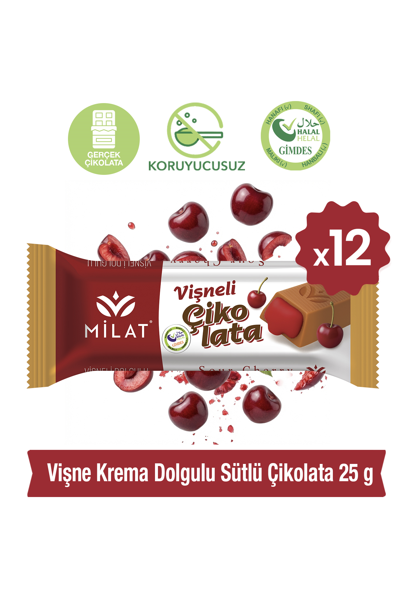 Milat Fındık Krema Dolgulu Vişne Çikolata 12 × 25 gTablet ÇikolataMilat