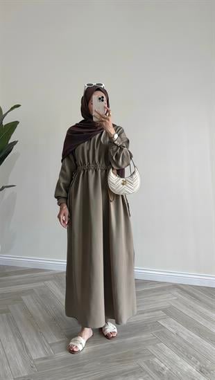 Bel Büzgülü Tensel Basic Elbise | Vizon