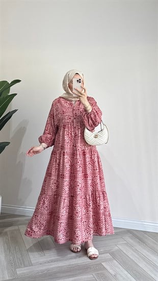 Etnik Desenli Elbise | Bordo