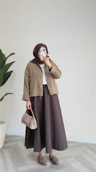 Fermuarlı Süet Ceket | Camel