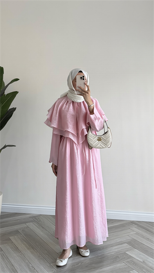 Fırfır Yakalı Özel Tasarım Elbise | Pembe