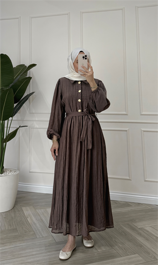 Kraşlı Gold Düğme Detaylı Elbise | Kahverengi