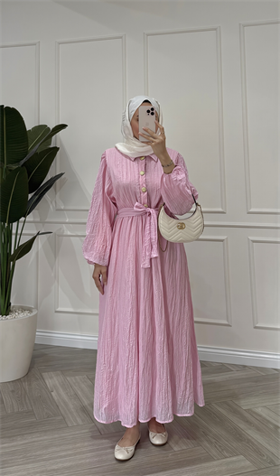 Kraşlı Gold Düğme Detaylı Elbise | Pembe