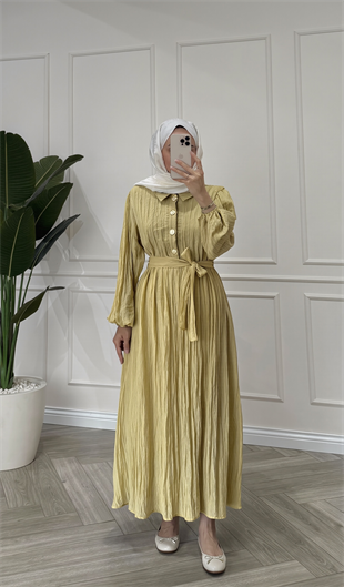 Kraşlı Gold Düğme Detaylı Elbise | Yağ Yeşili
