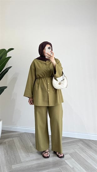 Mirya Basic Keten Takım | Yağ Yeşili