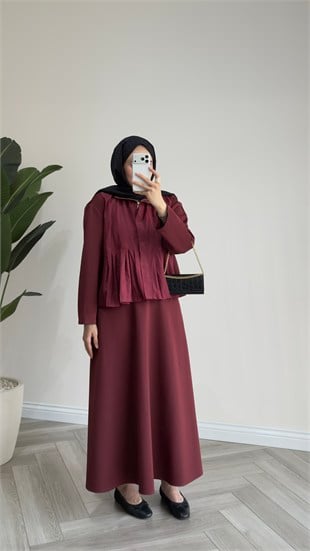 Ön Detay Pileli Etek Takım | Bordo