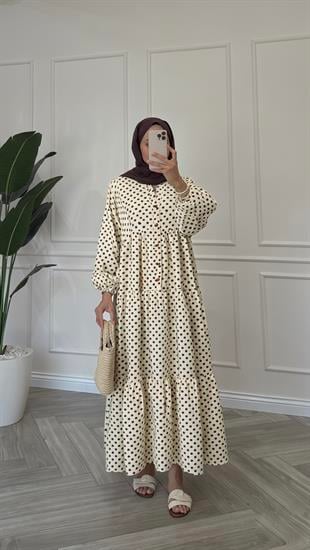 Puantiye Desenli Elbise | Krem