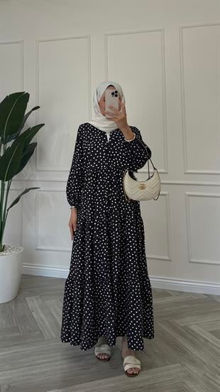 Puantiye Desenli Elbise | Siyah