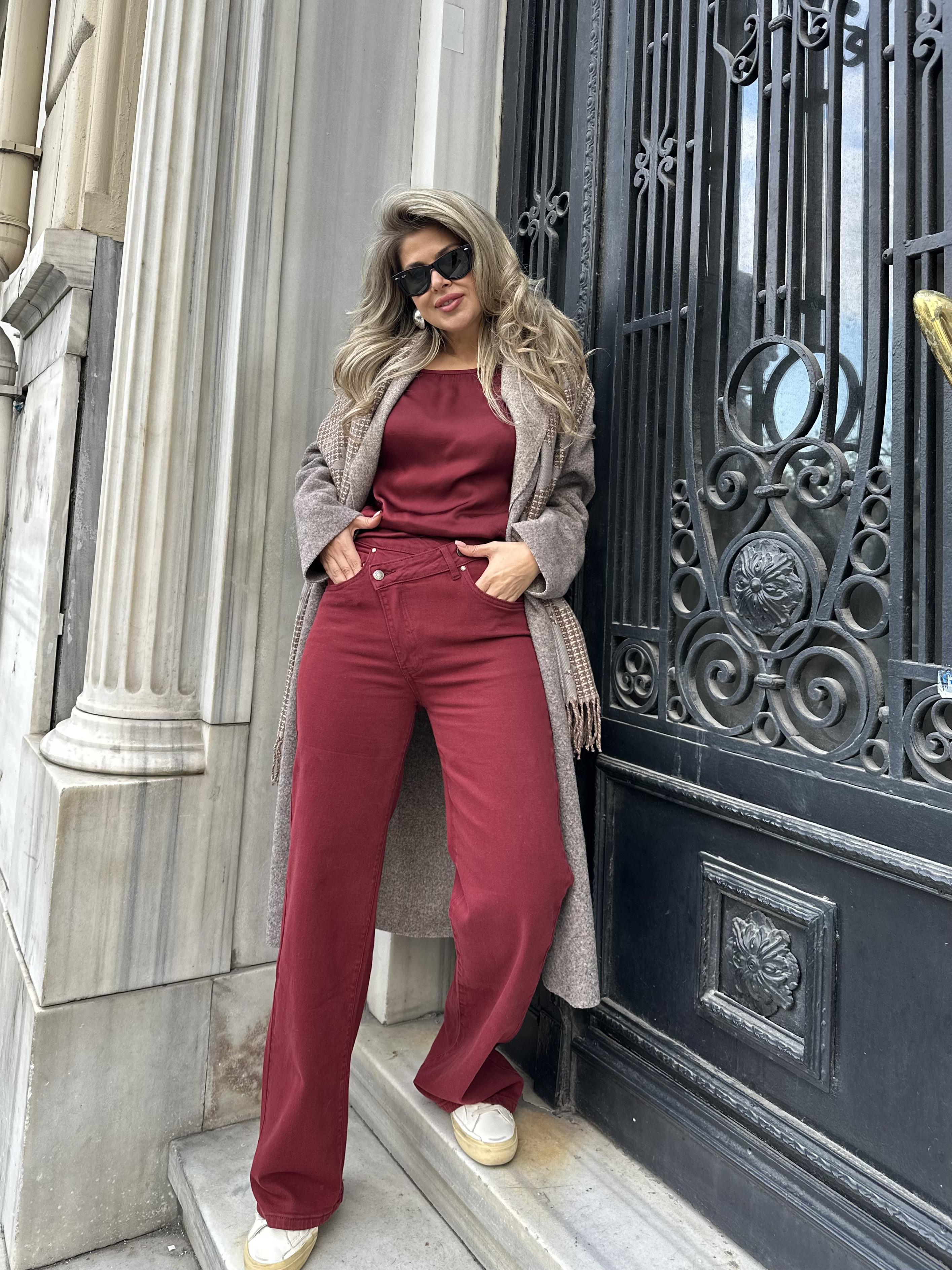 Bordo Çapraz Düğmeli Kot Pantolon