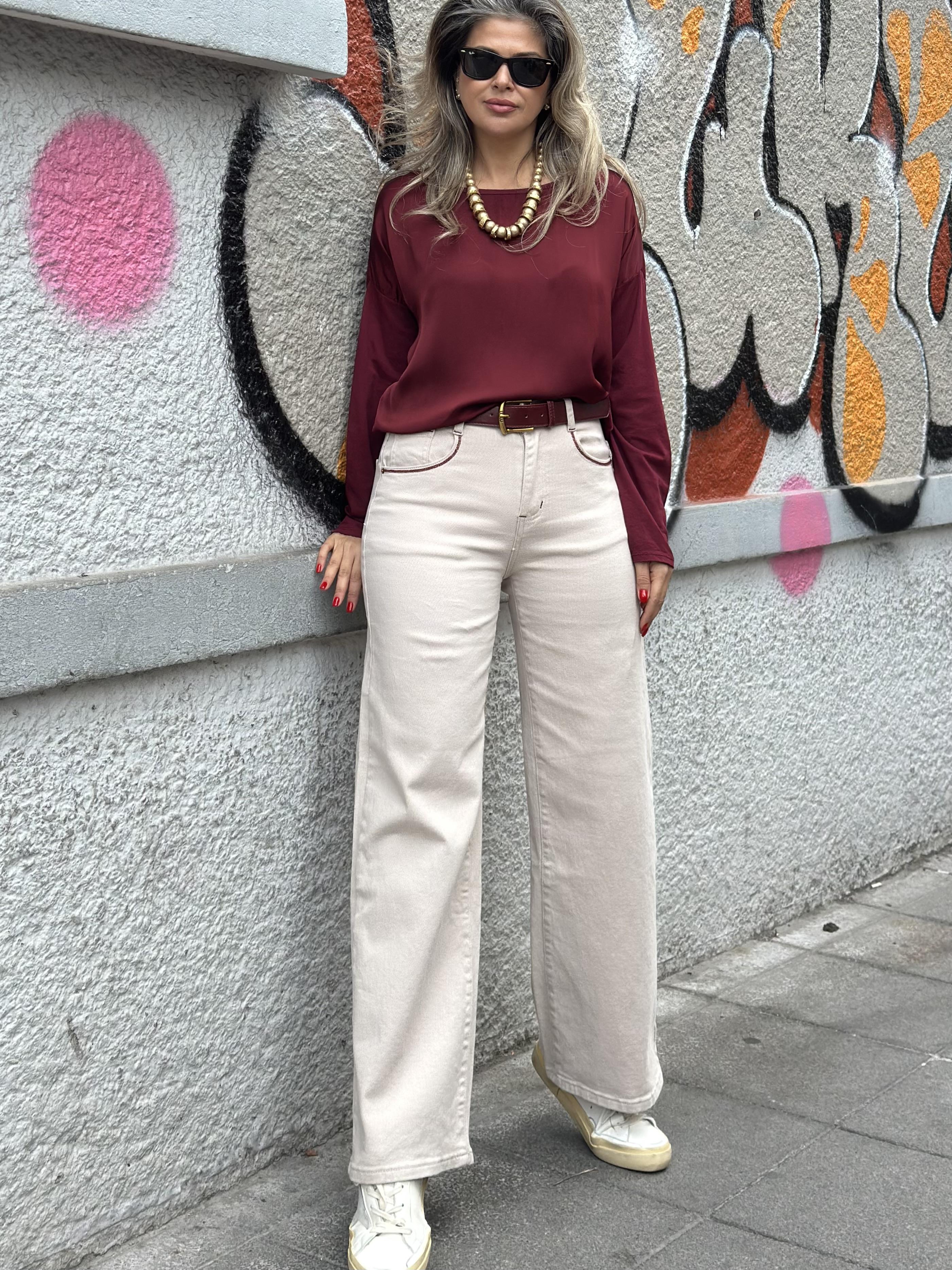 Bordo Kemerli Bej Pantolon