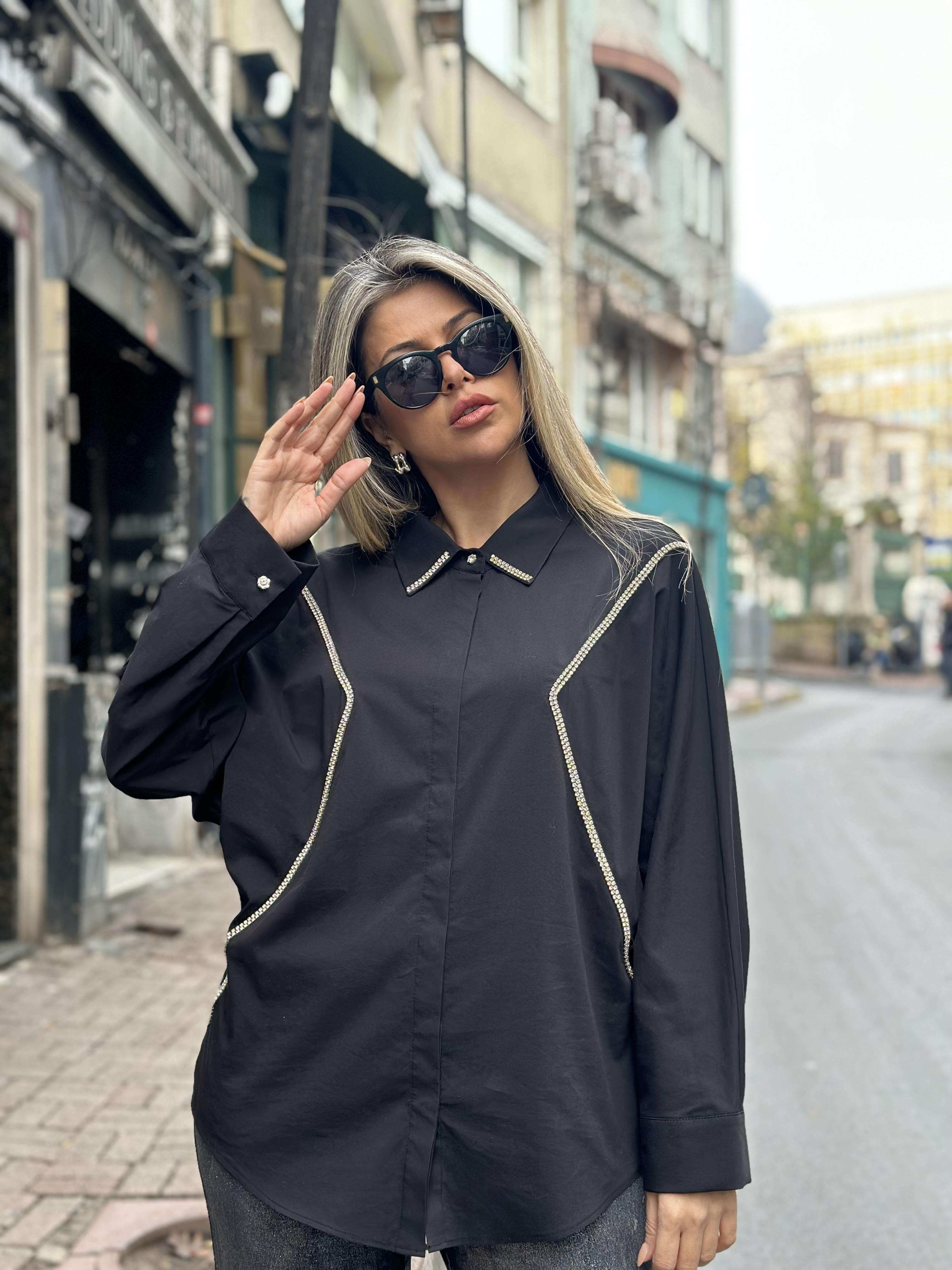 Taş İşlemeli Gömlek Siyah