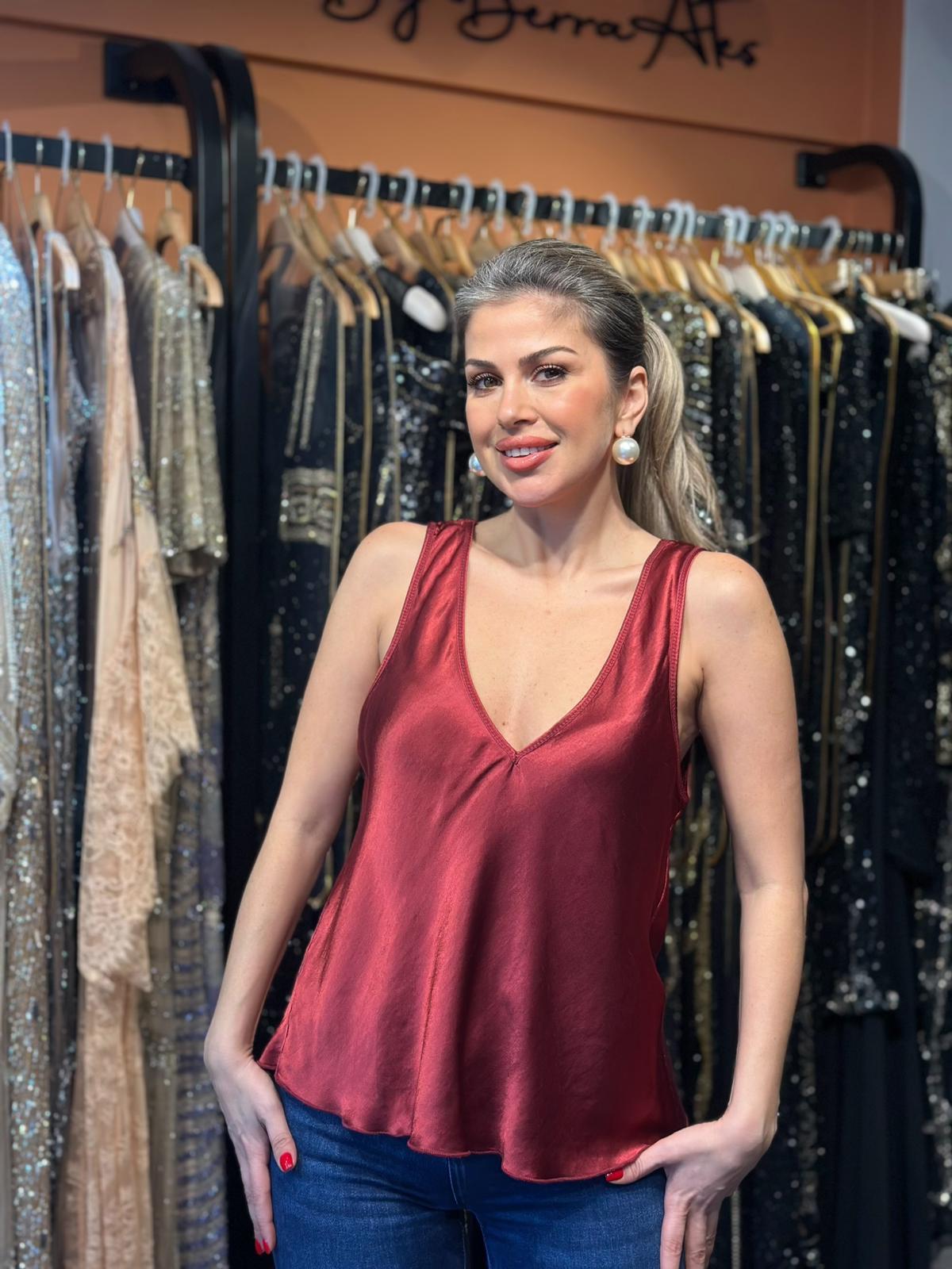 Bordo Saten V Yaka Bluz