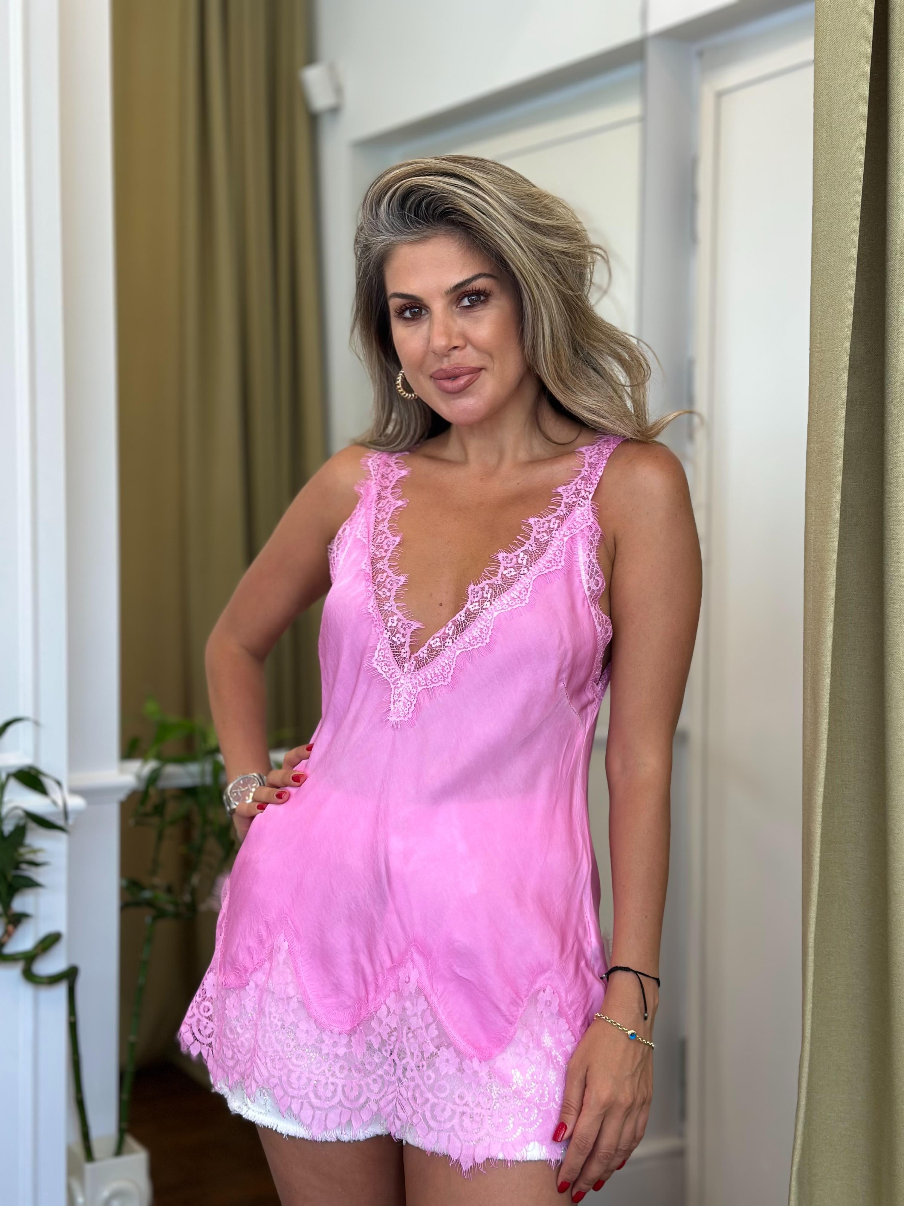 Dantel Askılı V Yaka Atlet Pembe