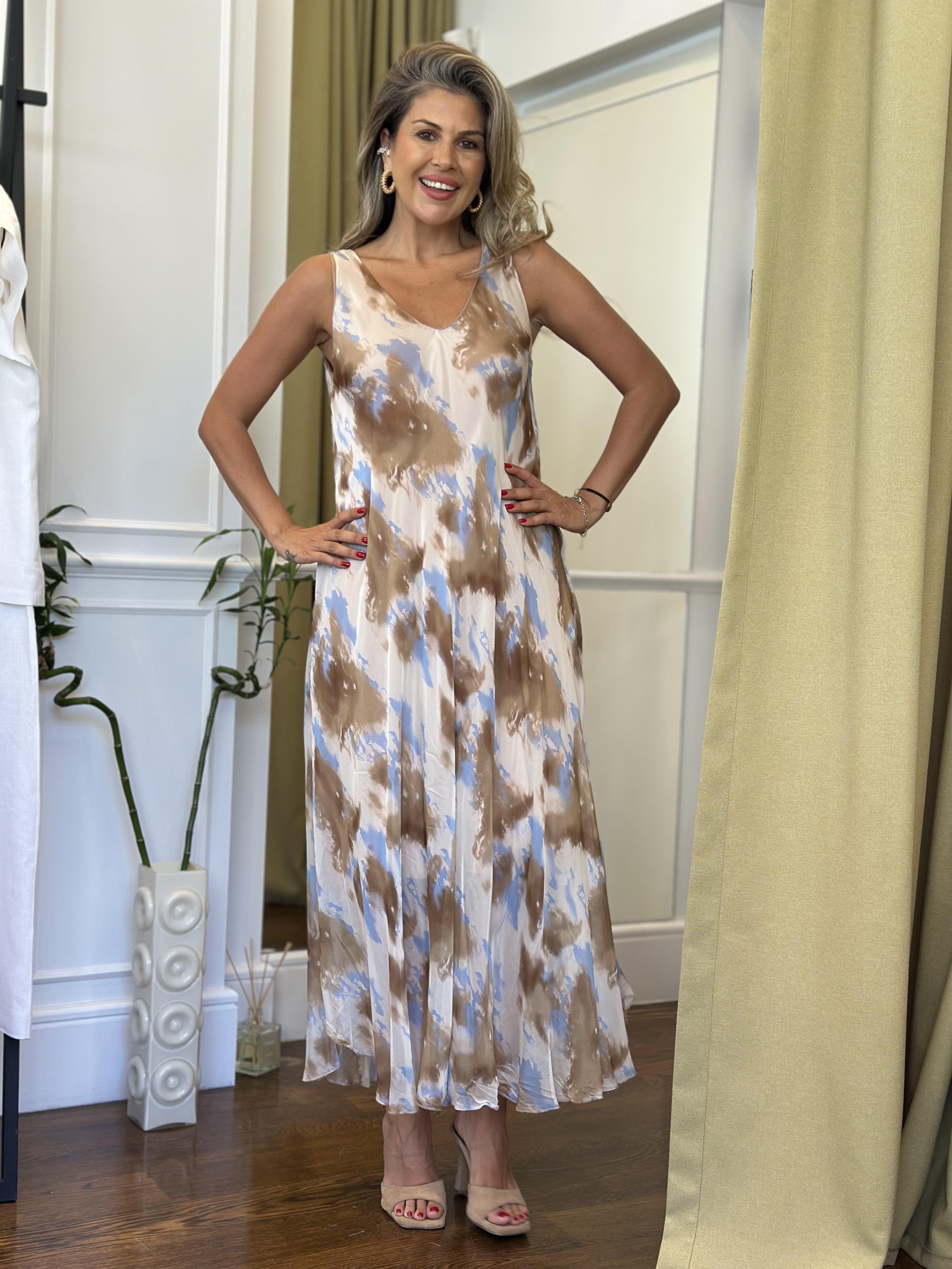 İpek Elbise Beyaz Kahve