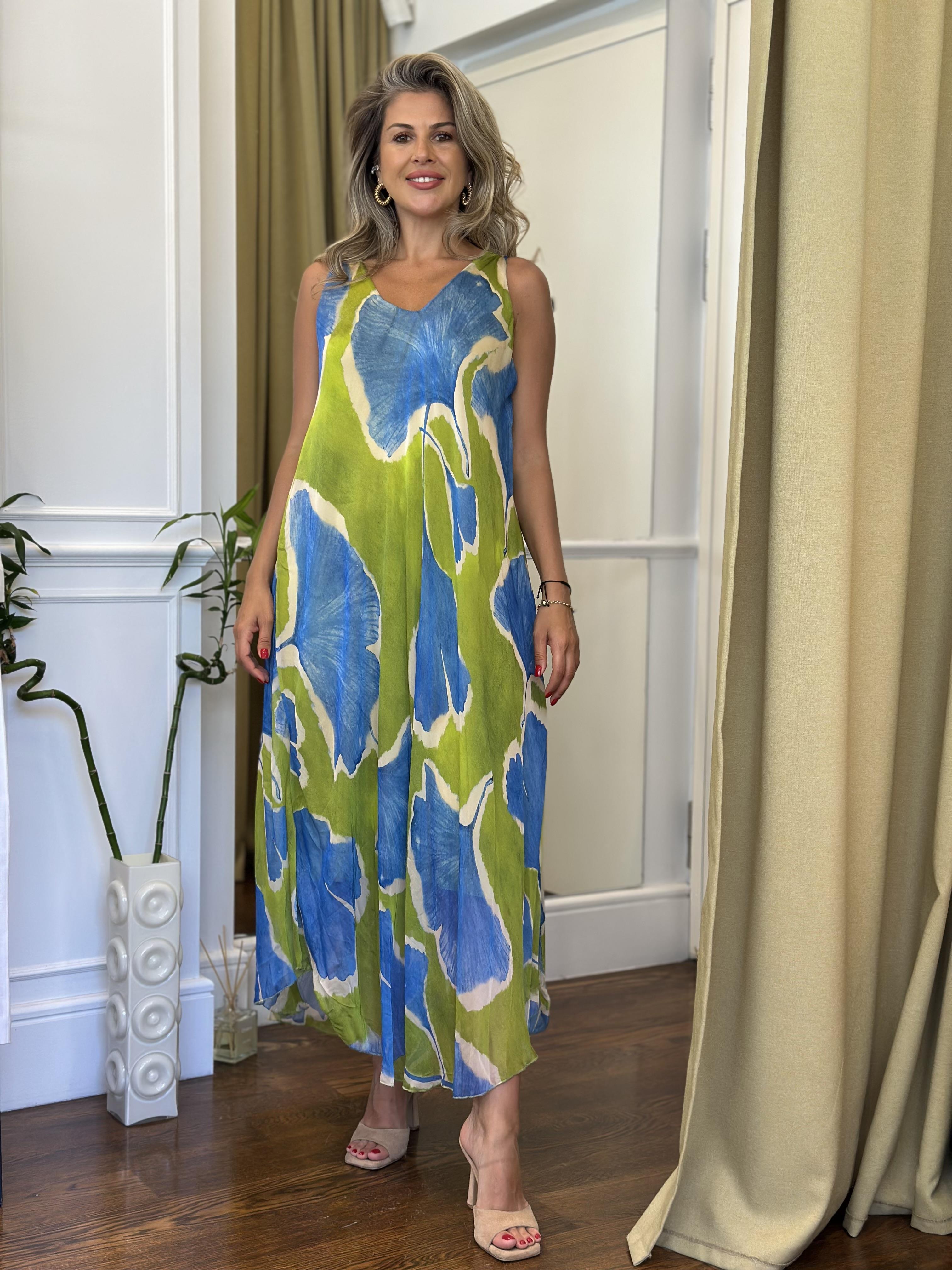 İpek Elbise Yeşil Mavi