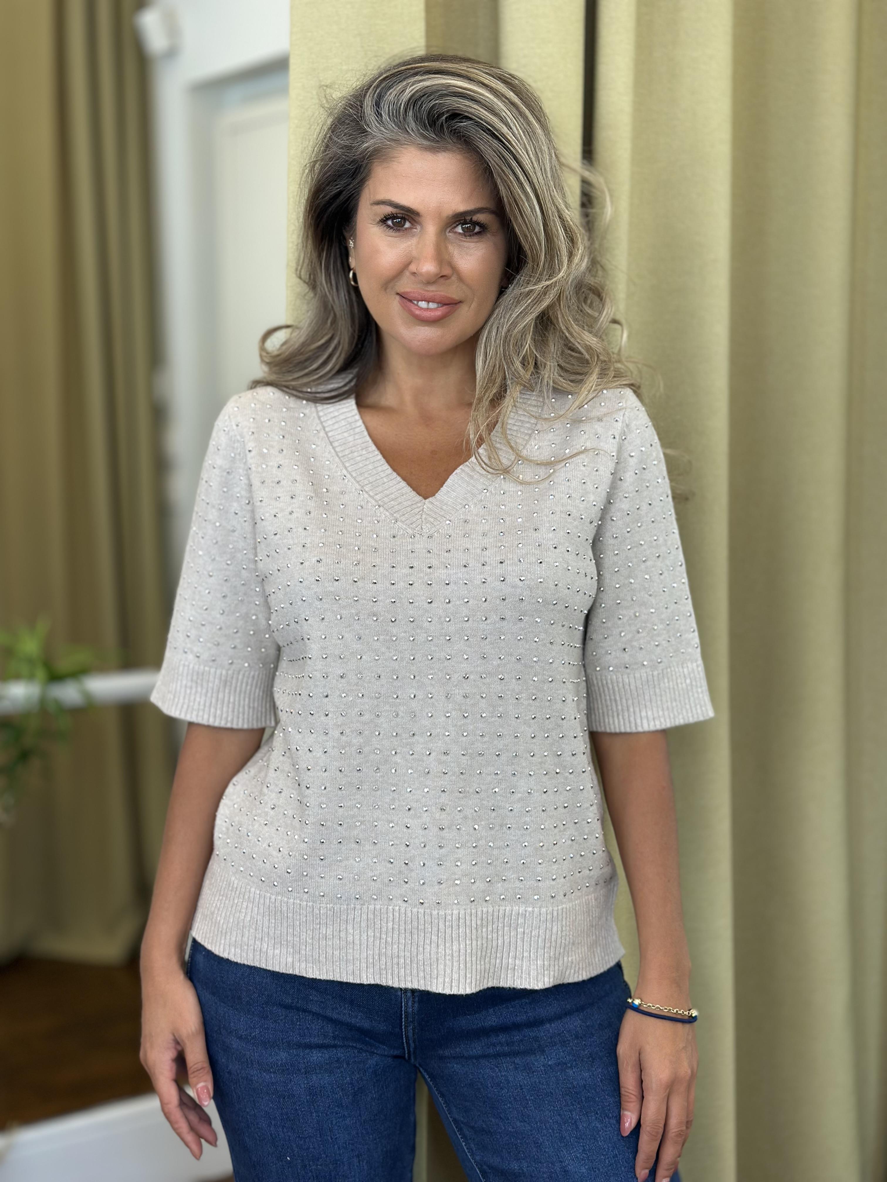 Krem Kısa Kollu Triko Kazak