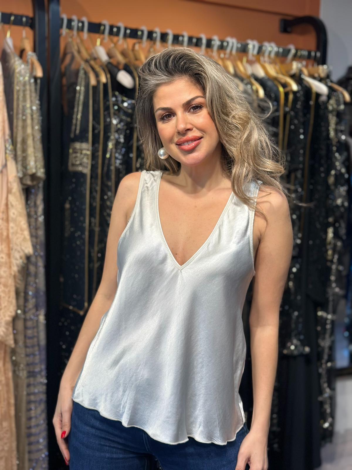 Krem Saten V Yaka Bluz