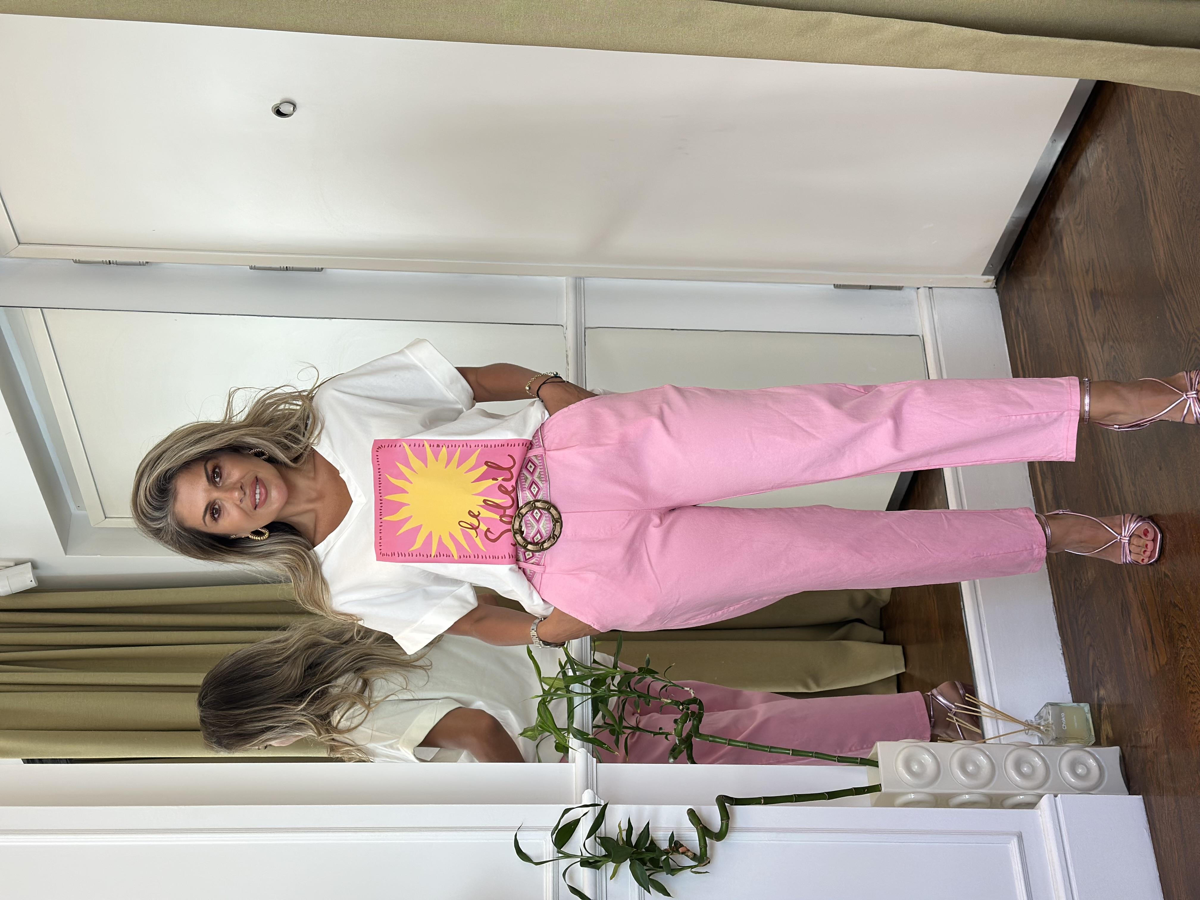 Likralı Kemerli Pantolon Pembe