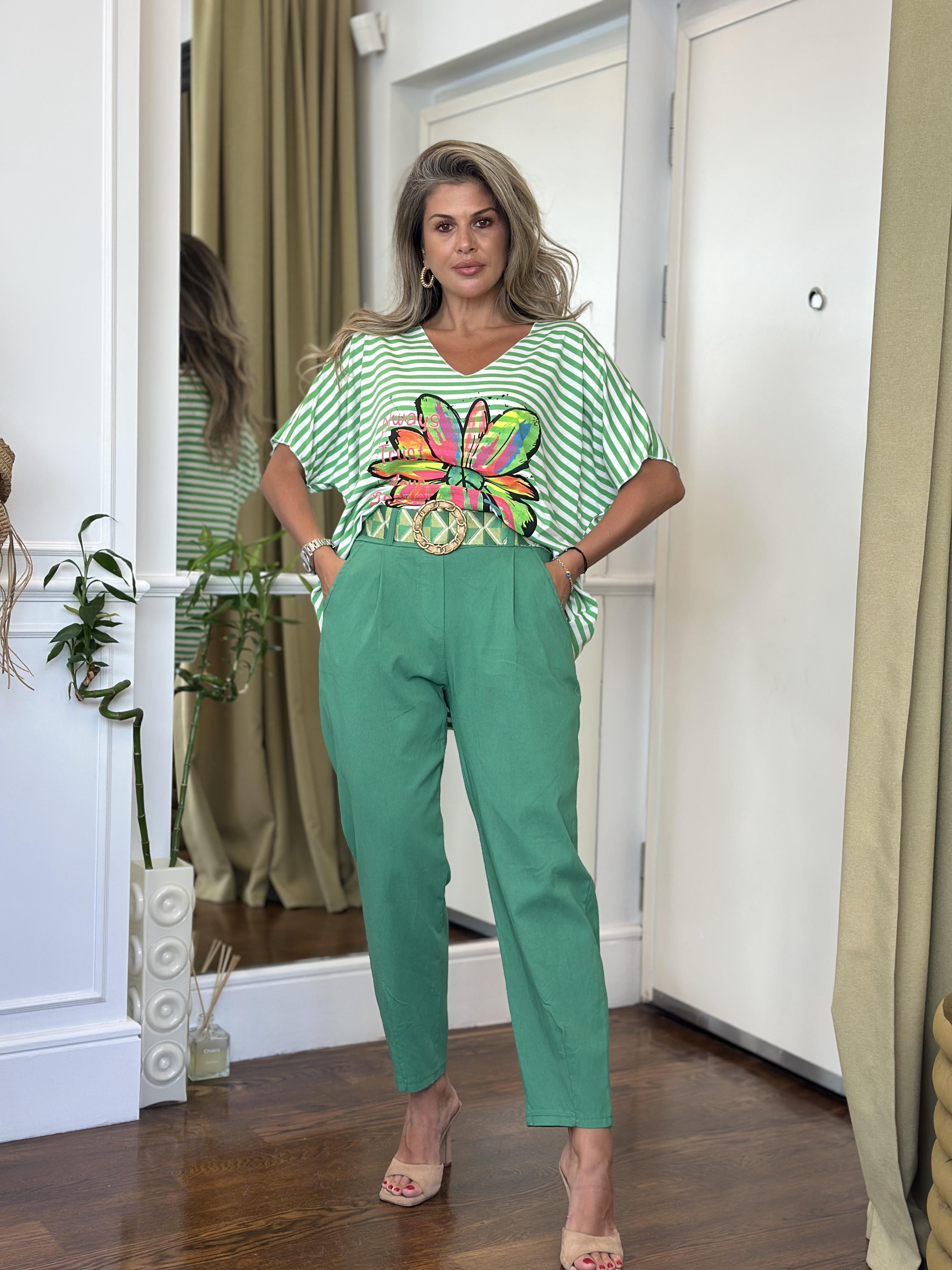 Likralı Kemerli Pantolon Yeşil