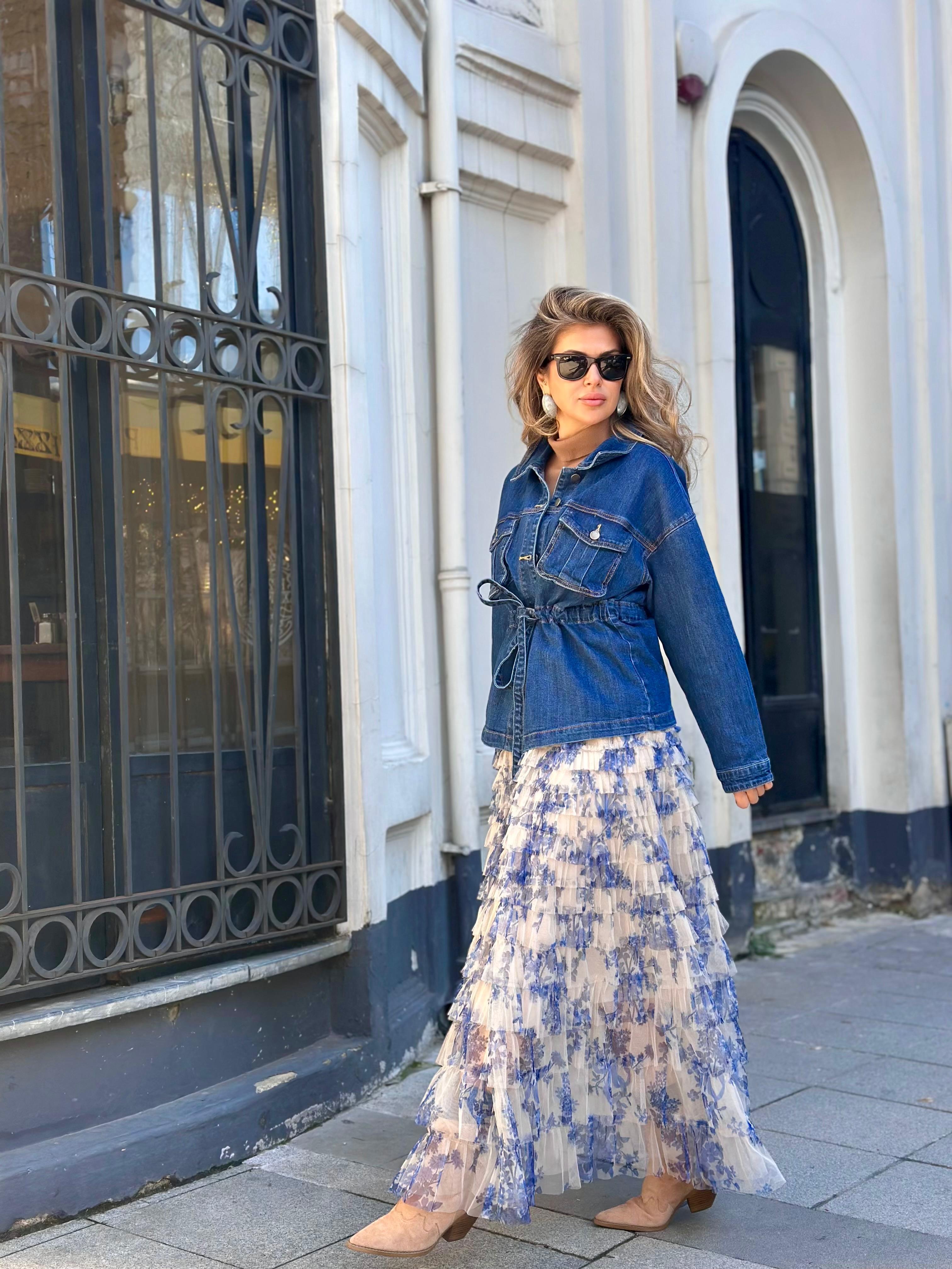 Mavi Çiçekli Tütü Etek