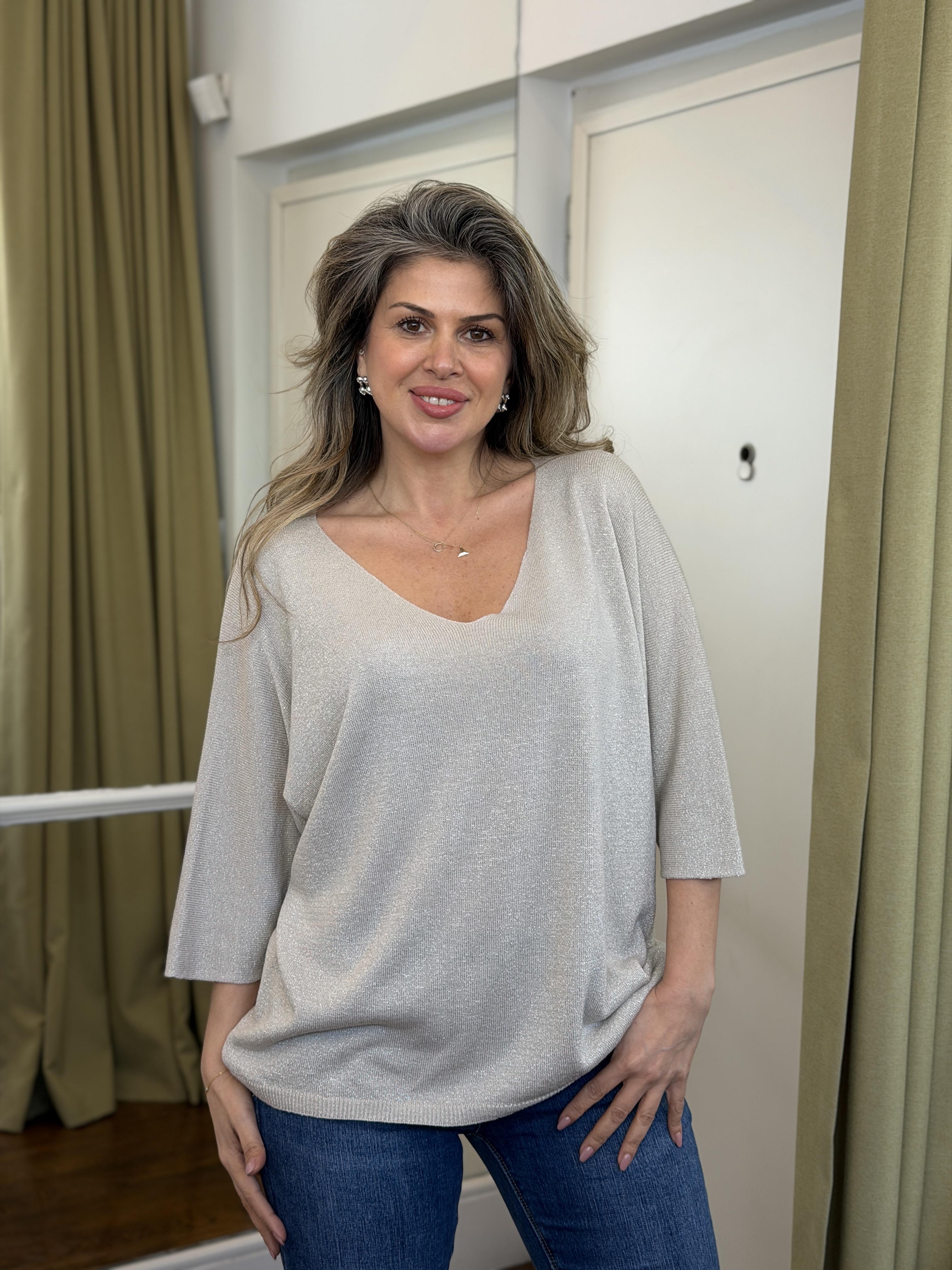 Simli Yarım Kol Triko Açık Vizon