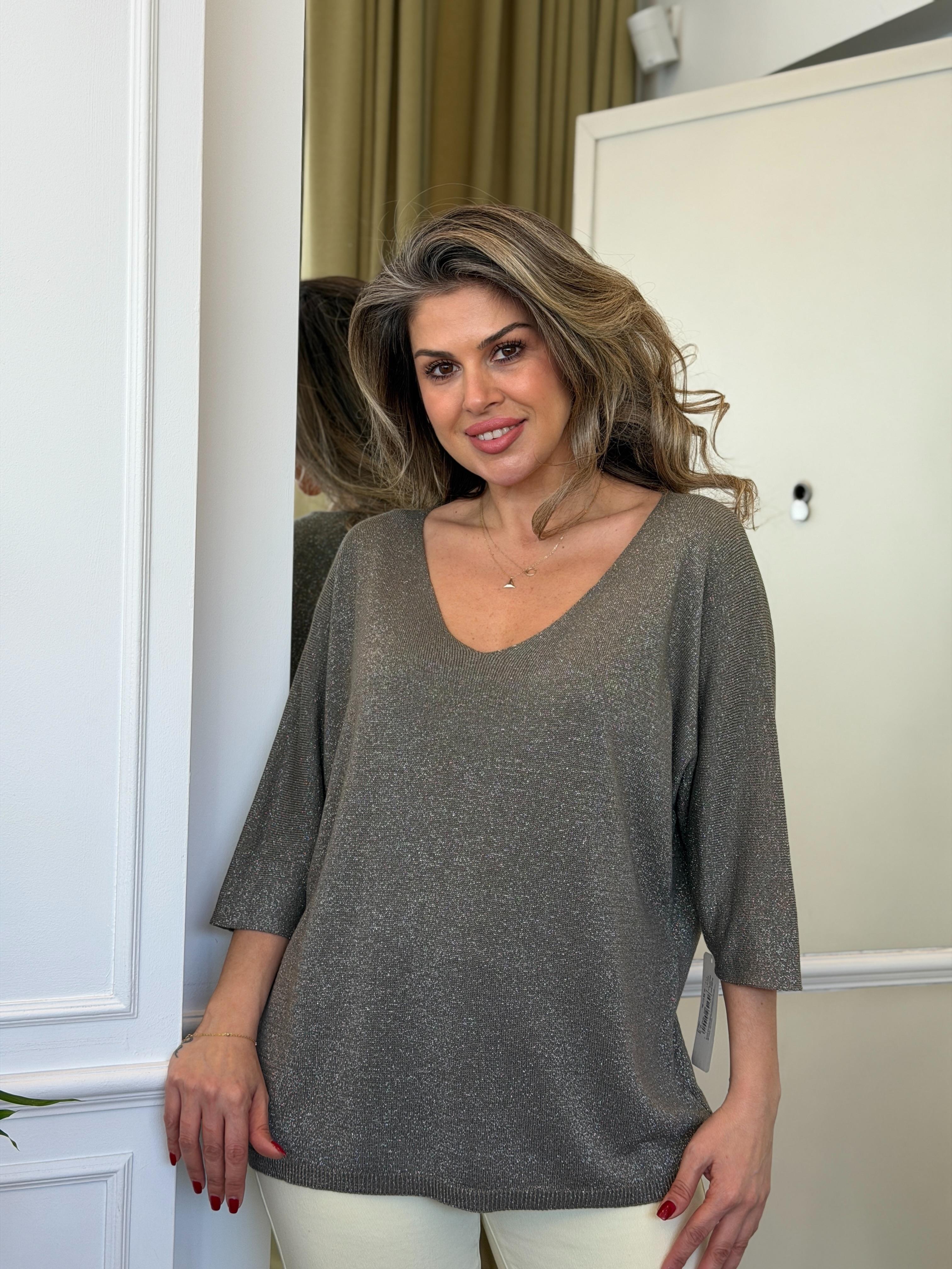 Simli Yarım Kol Triko Vizon