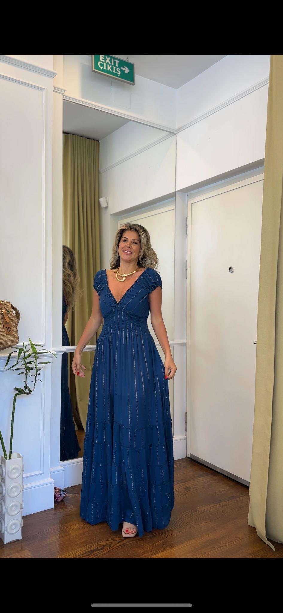 Viskoz Elbise Lacivert