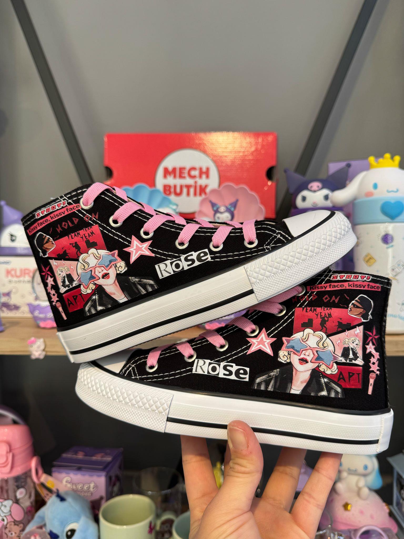 Blackpink Rose Baskılı Siyah Bilekli Kız Çocuk Spor Ayakkabı Sneaker