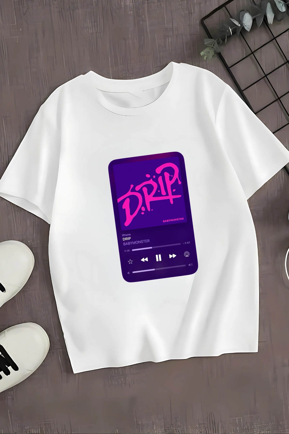 BabyMonster Drip Çalma Liste Baskılı Beyaz  Oversize Tshirt Tişört 