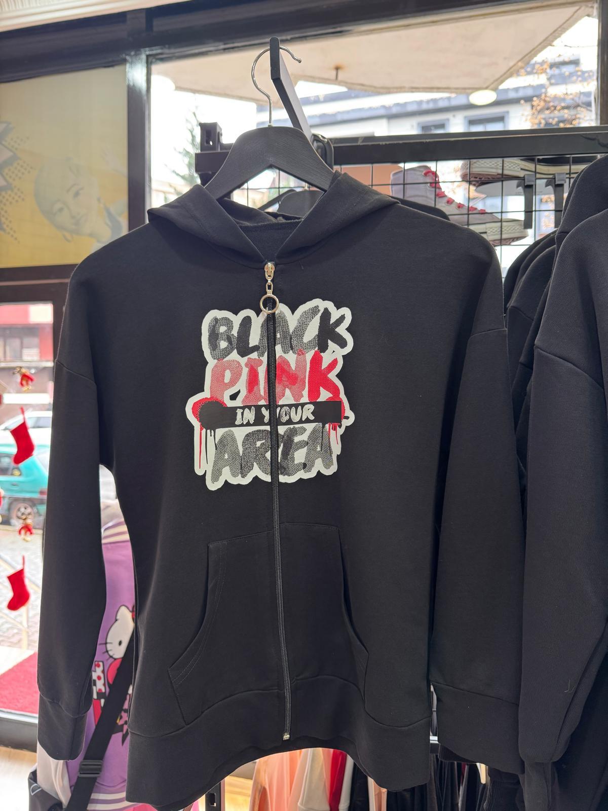 Blackpink Area Baskılı Outlet Siyah Fermuarlı Hırka 