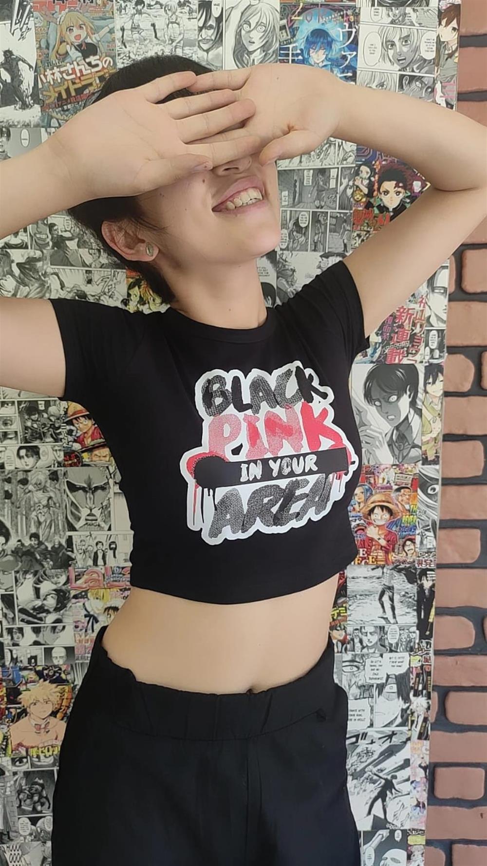 Blackpink Area Baskılı Siyah Crop Dar Kalıp Blackpink Crop Tişört