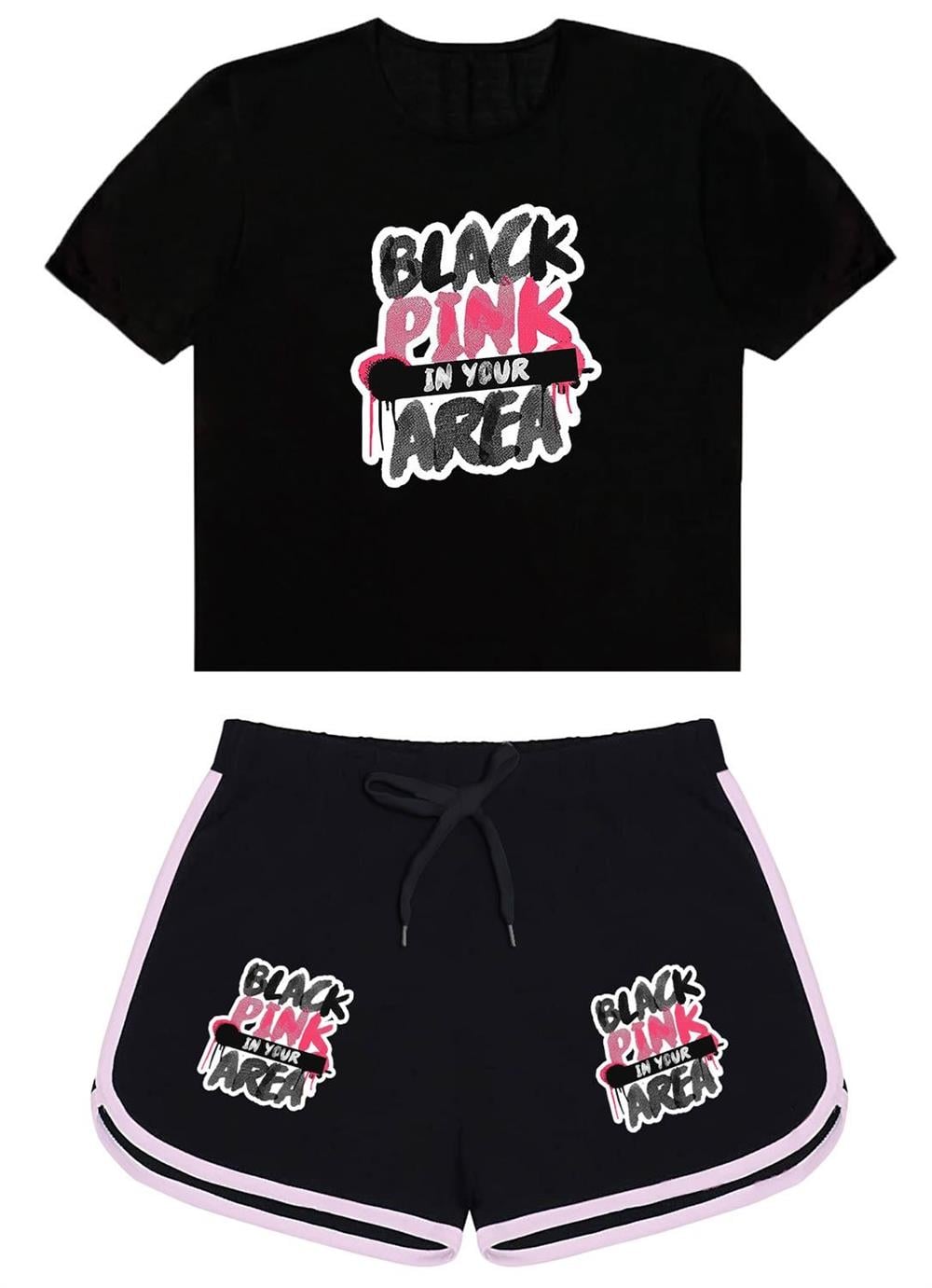 Blackpink Area Baskılı Siyah Tshirt Ve Blackpink Area  Baskılı Siyah Şort Kombin