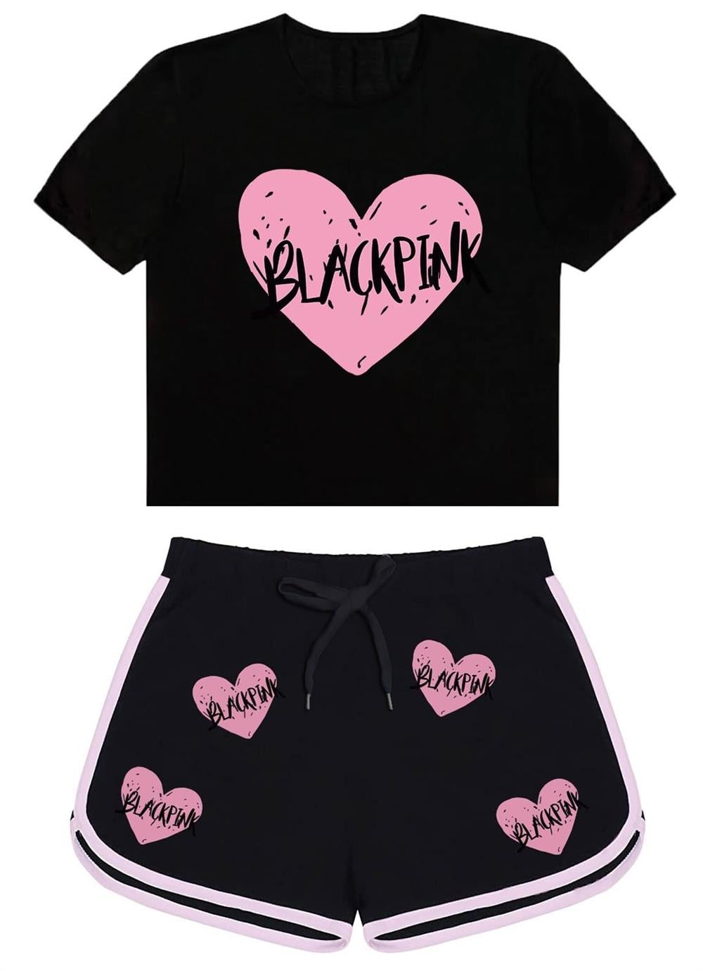 Blackpink Kalp Baskılı Siyah Tshirt Ve Blackpink Kalp  Baskılı Siyah Şort Kombin