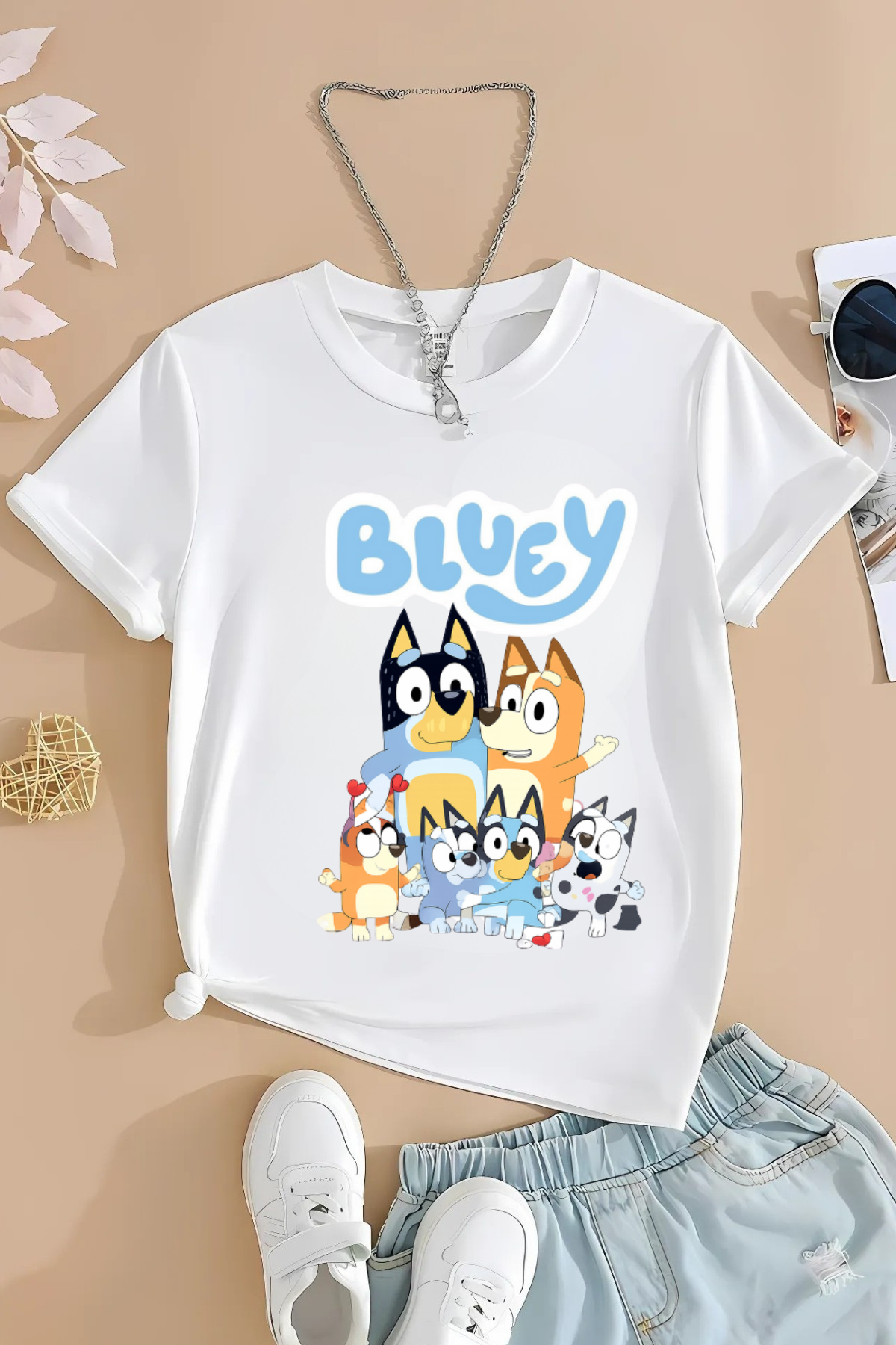 Bluey Aile Baskılı Beyaz Unisex Tişört