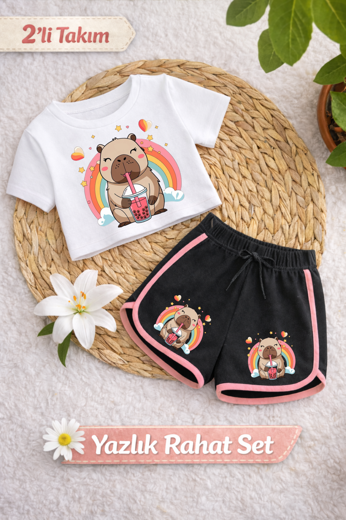 Capybara 2 Baskılı Beyaz Crop Siyah Şort Takım