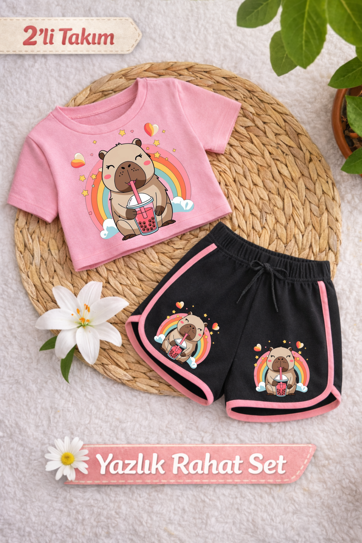 Capybara 2 Baskılı Pembe Crop Siyah Şort Takım