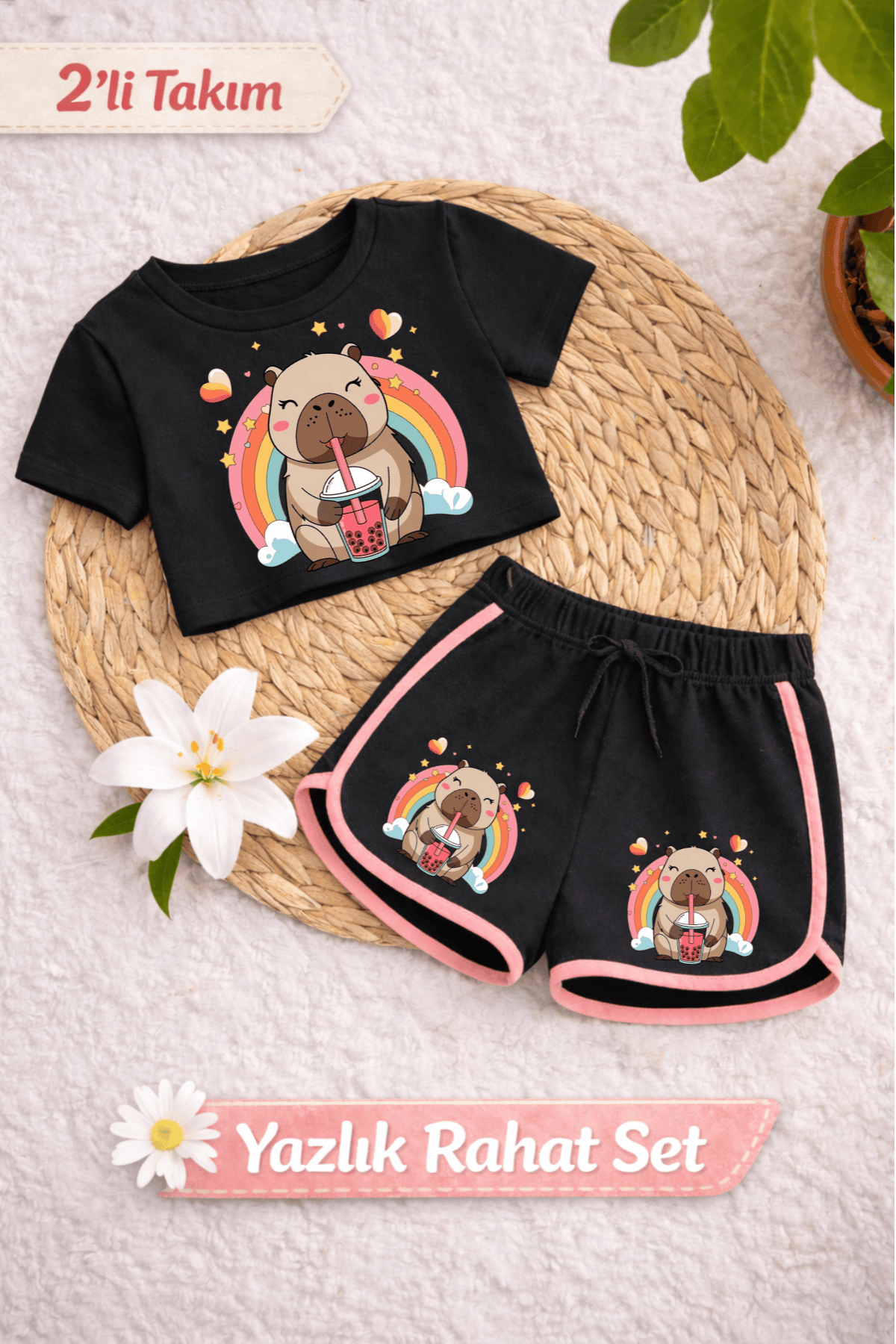 Capybara 2 Baskılı Siyah Crop Siyah Şort Takım