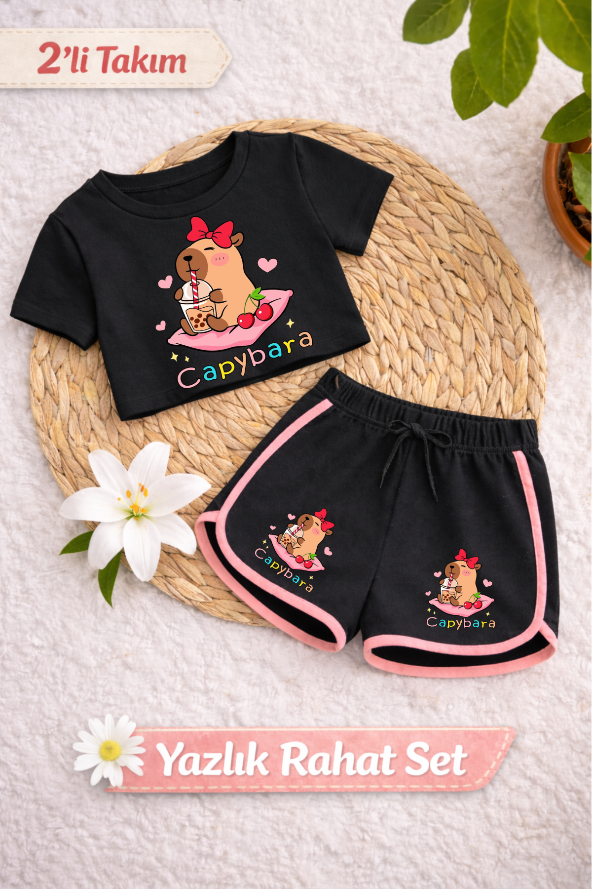 Capybara 3 Baskılı Siyah Crop Siyah Şort Takım